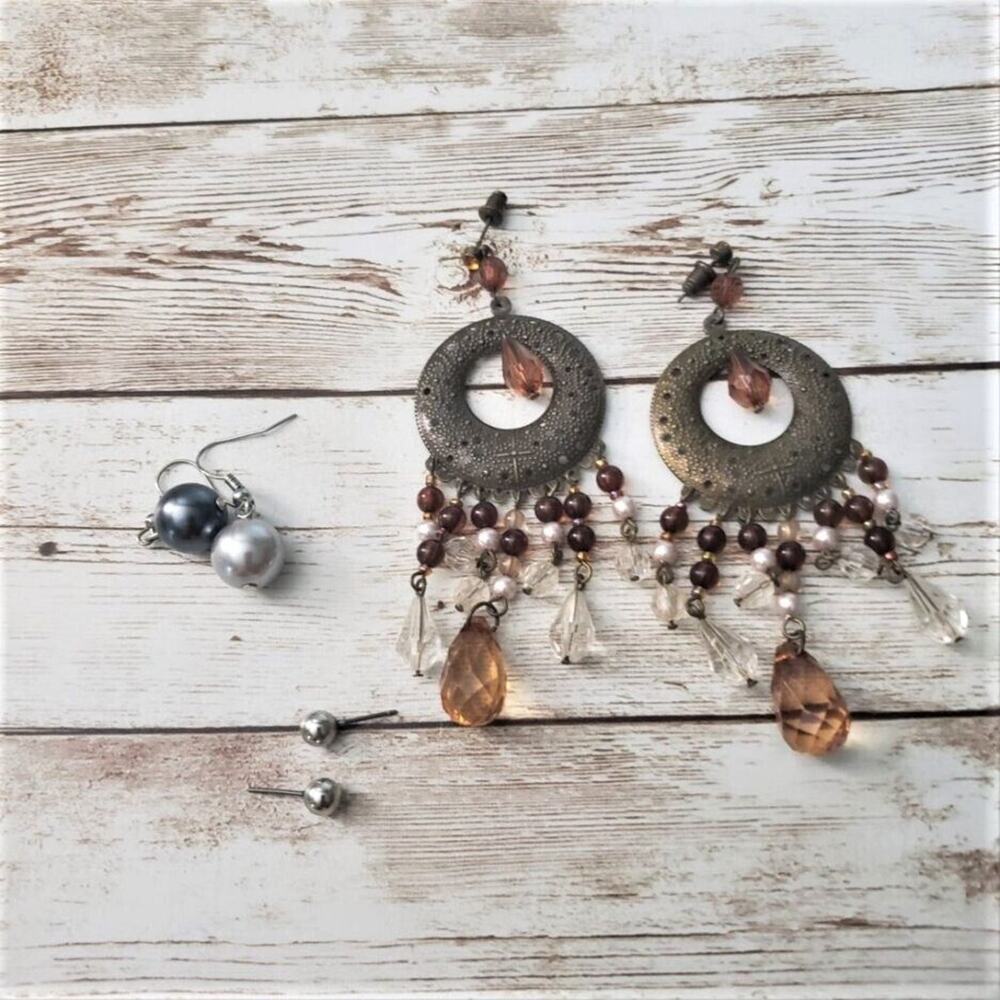 Set of 3 Earrings for Pierced Ears - Boho, Silver Ball, Dangle Faux Pearls